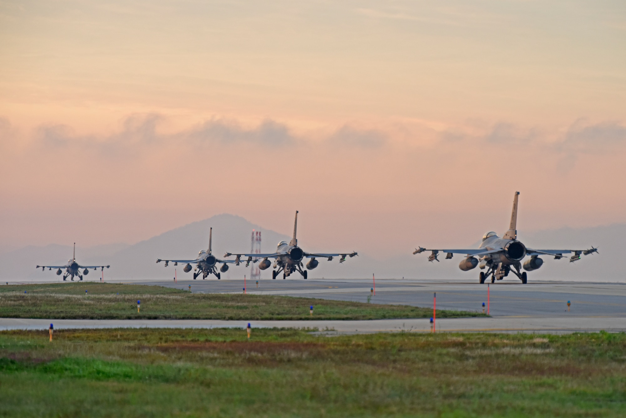 U.S. Air Force F-16 Fighting Falcons assigned to the 8th Fighter Wing prepare to take-off for a routine training flight at Kunsan Air Base, Republic of Korea, Oct. 10, 2019. The 8th FW is home to two fighter squadrons, the 35th Fight Squadron “Pantons” and 80th FS “Juvats.” They perform air and space control roles including counter air, strategic attack, interdiction and close-air support missions. (U.S. Air Force photo by Staff Sgt. Mackenzie Mendez)