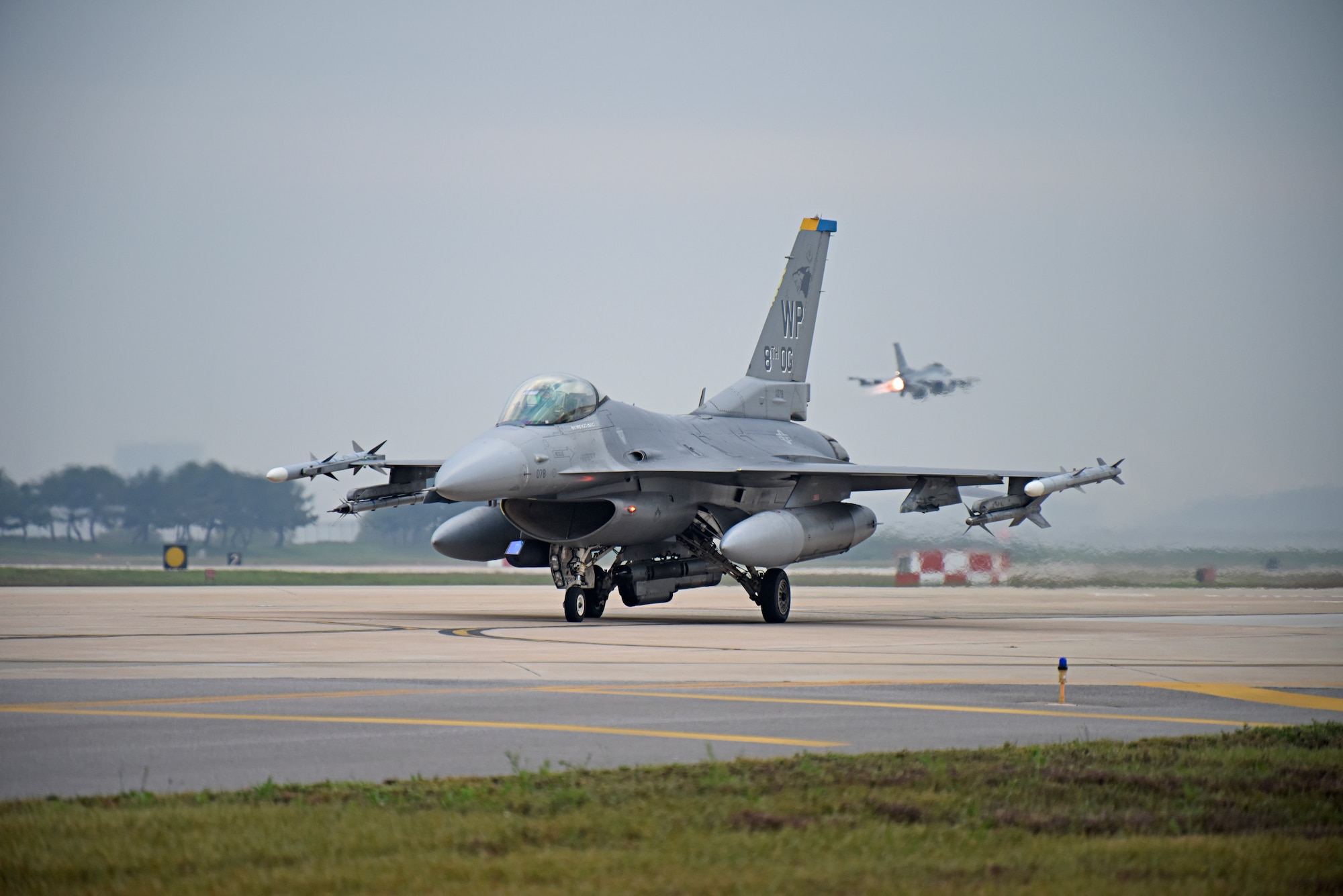 A U.S. Air Force F-16 Fighting Falcon assigned to the 8th Operations Group prepares to take-off for a routine training flight at Kunsan Air Base, Republic of Korea, Oct. 10, 2019. The 8th OG has two F-16 squadrons including the 35th Fighter Squadron “Pantons” and the 80th FS “Juvats.” (U.S. Air Force photo by Staff Sgt. Mackenzie Mendez)