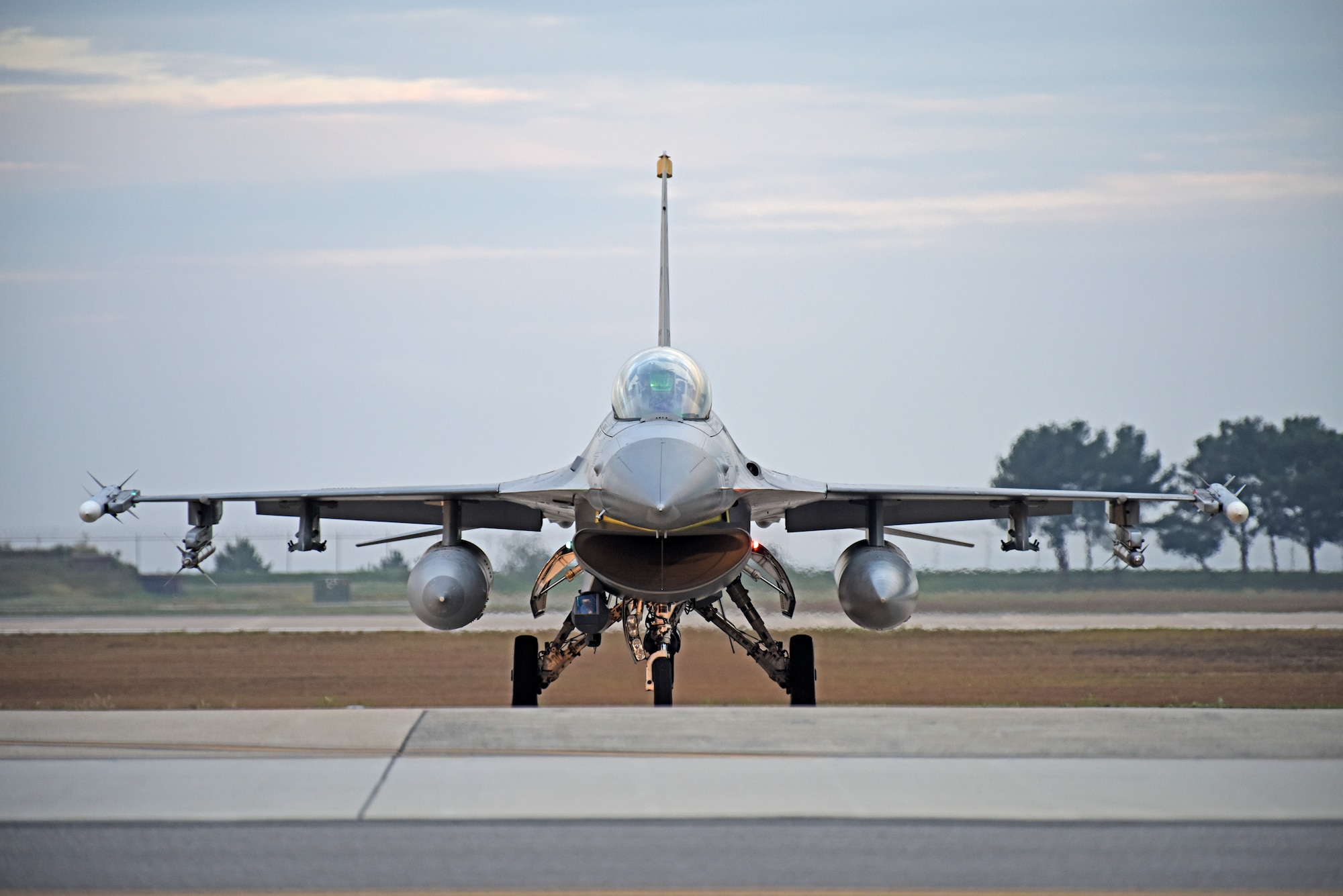A U.S. Air Force F-16 Fighting Falcon assigned to the 80th Fighter Squadron “Juvats” prepares for a routine training flight at Kunsan Air Base, Republic of Korea, Oct. 10, 2019. The 80th FS is one of two fighter squadrons assigned to the 8th Fighter Wing. The squadron was activated during World War II in 1942, as the 80th Pursuit Squadron. (U.S. Air Force photo by Staff Sgt. Mackenzie Mendez)