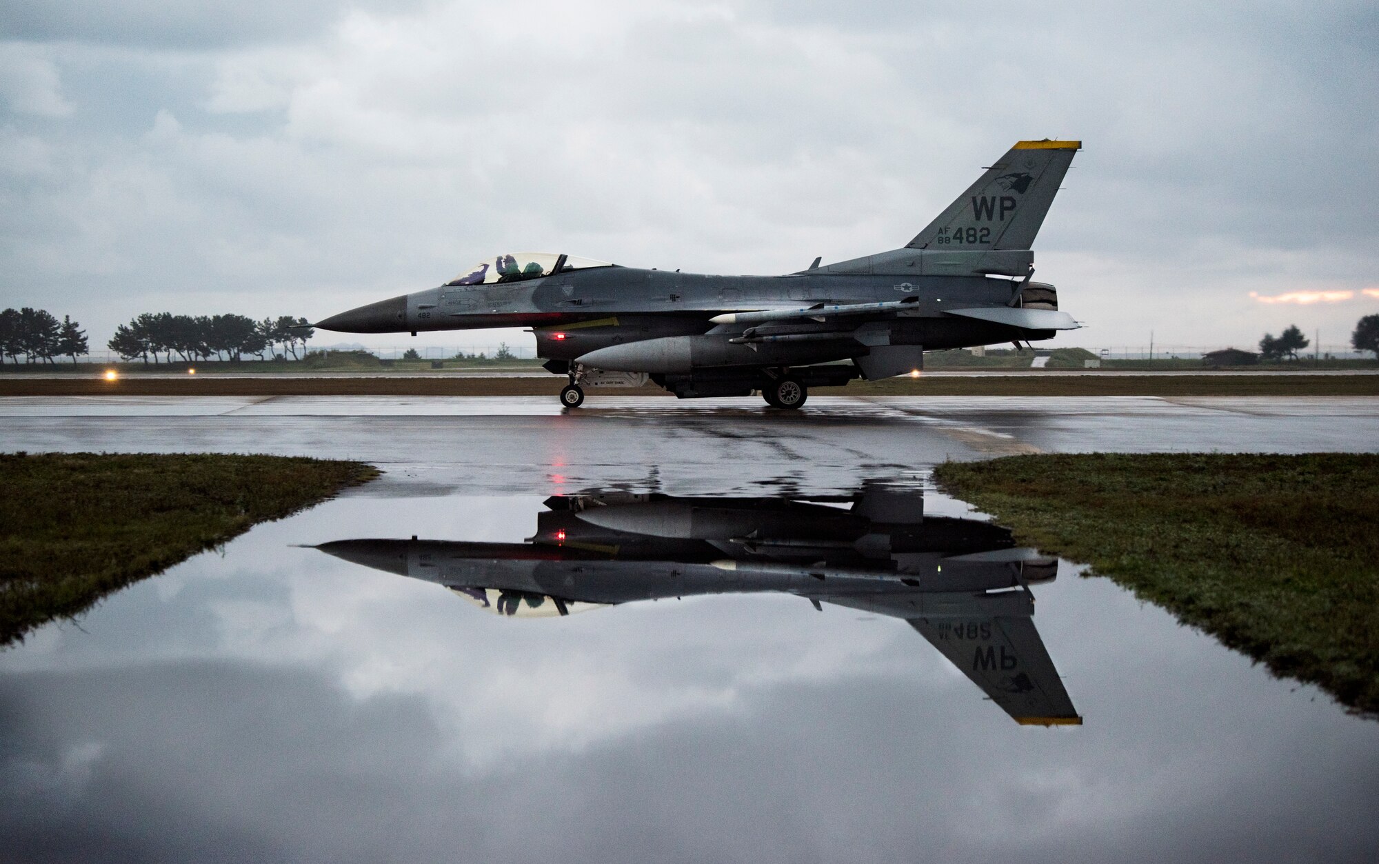 A U.S. Air Force F-16 Fighting Falcon aircraft from the 80th Fighter Squadron “Juvats” taxis down the runway at Kunsan Air Base, Republic of Korea, Oct. 7, 2019. The 80th FS, along with the 35th FS, are the two F-16 squadrons based out of Kunsan tasked with protecting the Republic of Korea air space. (U.S. Air Force photo by Senior Airman Stefan Alvarez)