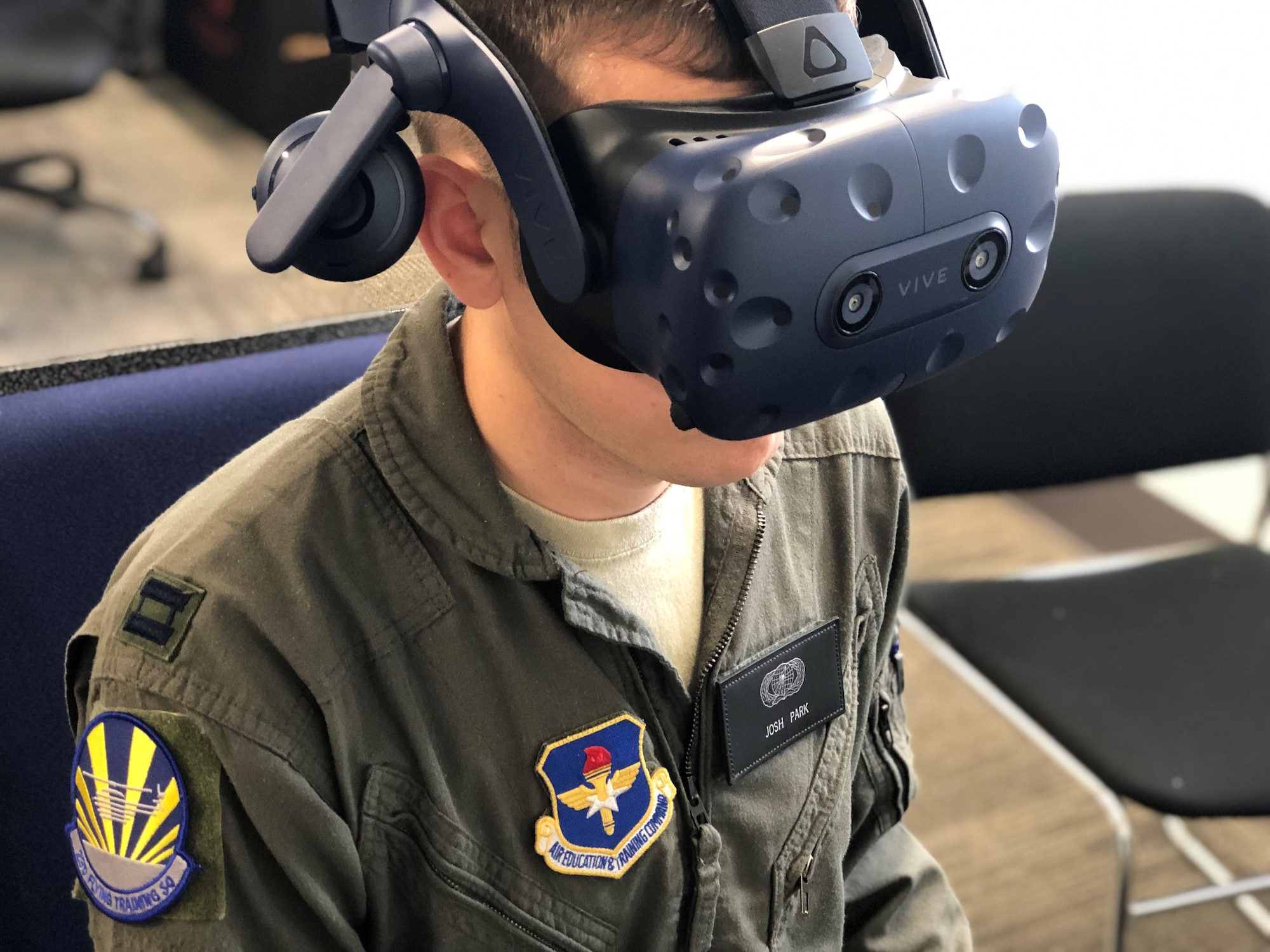 U.S. Air Force Capt. Josh Park, 23rd Flying Training Squadron Specialized Undergraduate Pilot training - Helicopter Class 20-02 student, flies a virtual reality sortie at Fort Rucker, Ala., Oct. 9, 2019.  The class used VR as part of an experimental project in an effort to transform the way helicopter pilots are trained. (U.S. Air Force courtesy photo)
