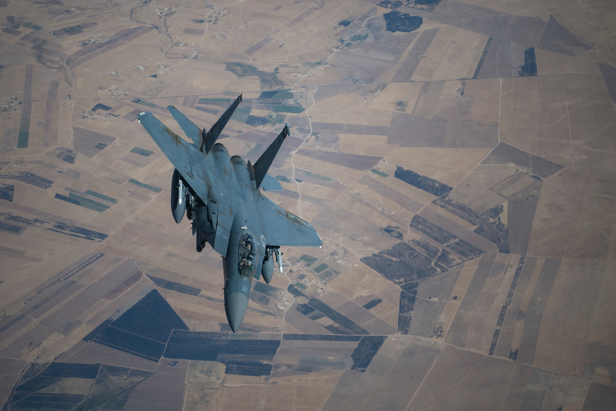 An F-15E Strike Eagle conducts a combat air patrol mission