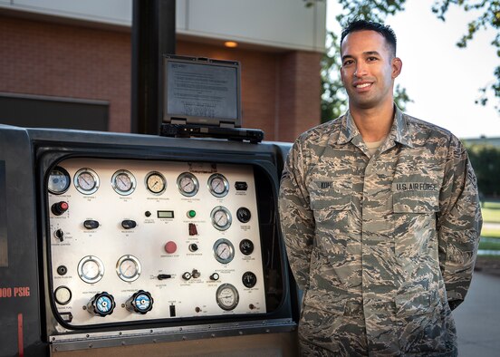 Airman 1st Class Charles Kohl, 361st Training Squadron aerospace ground equipment apprentice course graduate, poses for a picture at Sheppard Air Force Base, Texas, Oct. 8, 2019. Kohl was awarded the Ace award for receiving 100 percent scores on all 15 block tests during the AGE course. (U.S. Air Force photo by Airman 1st Class Pedro Tenorio)