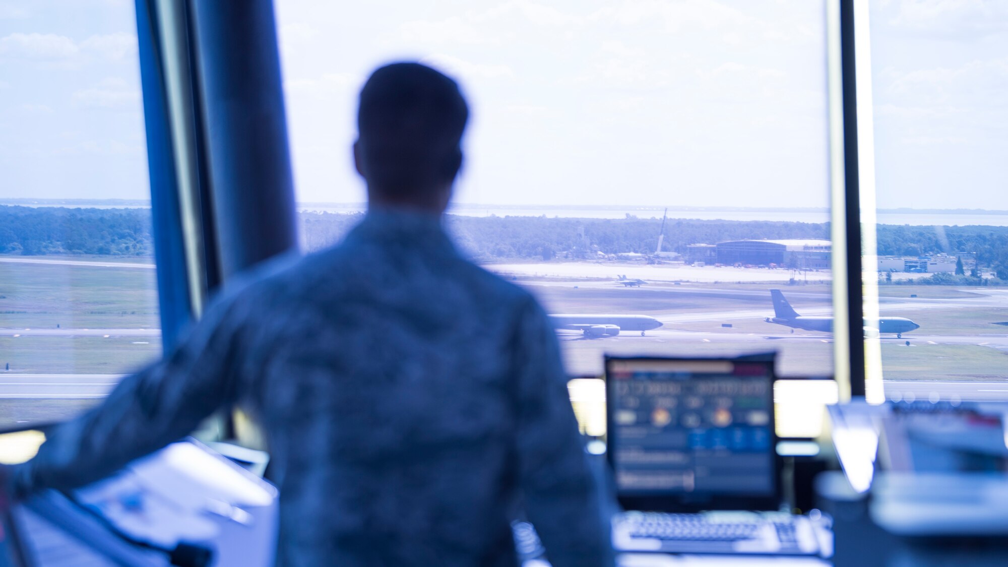 A 6th Operations Support Squadron air traffic controller watches KC-135 Stratotankers taxi at MacDill Air Force Base Fla., Oct. 4, 2019.