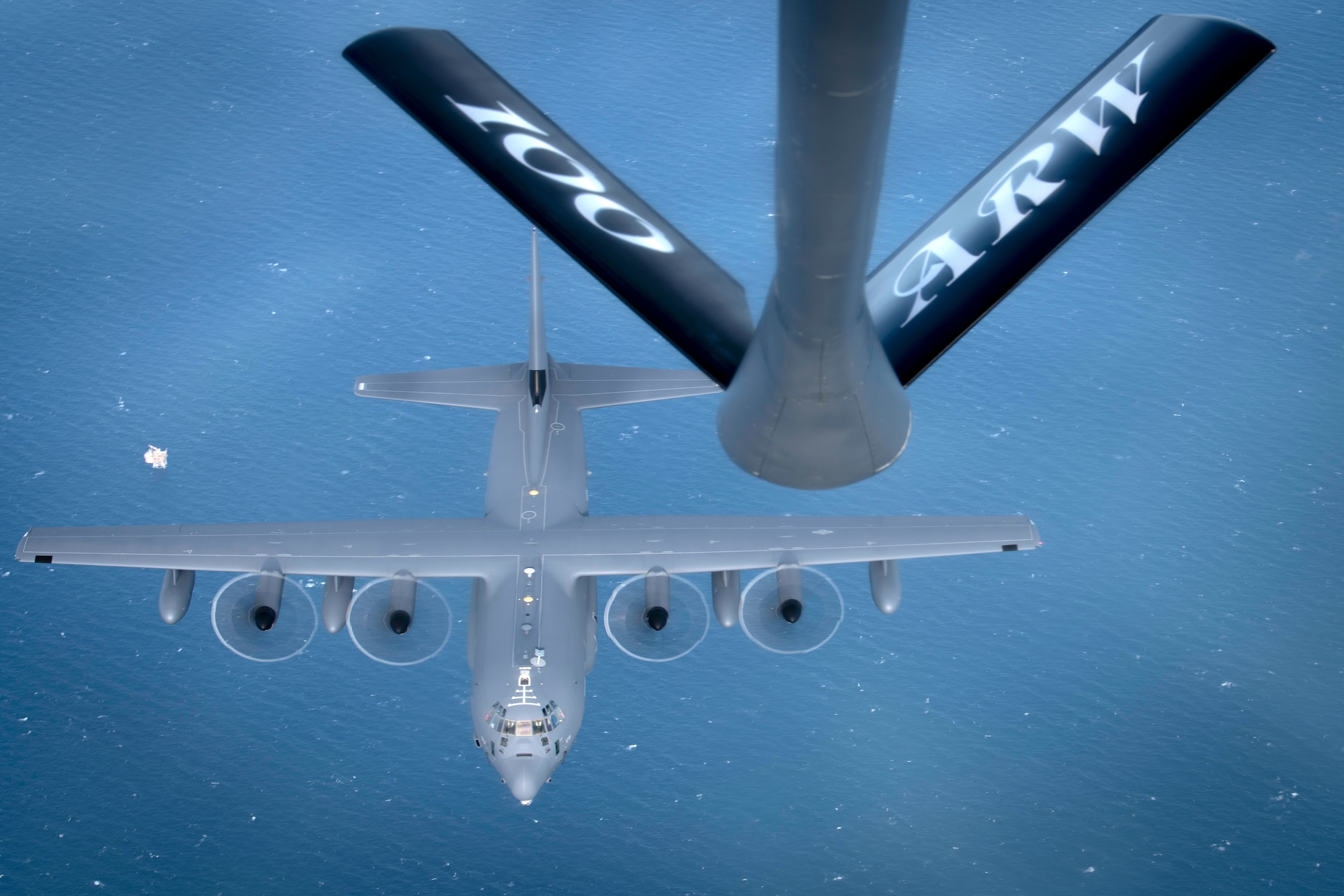 An MC-130J Commando II assigned to the 352d Special Operations Wing, RAF Mildenhall, England peels off after receiving fuel from a KC-135 Stratotanker from the 100th Air Refueling Wing, RAF Mildenhall, England, Oct. 10, 2019.