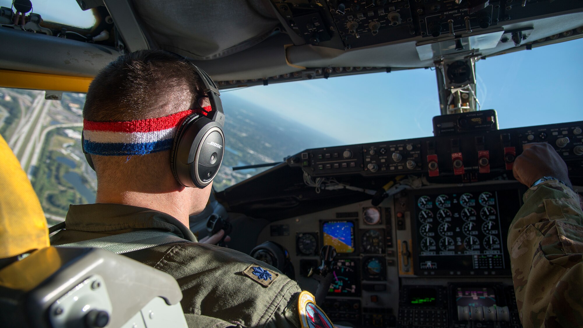 U.S. Air Force Lt. Col. Jordan Collins, a 50th Air Refueling Squadron (ARS) pilot, flies above Tampa, Fla., Oct. 14, 2019. The 50th ARS took flight to complete aerial refuelings of the United States Air Force Air Demonstration Squadron “Thunderbirds.”