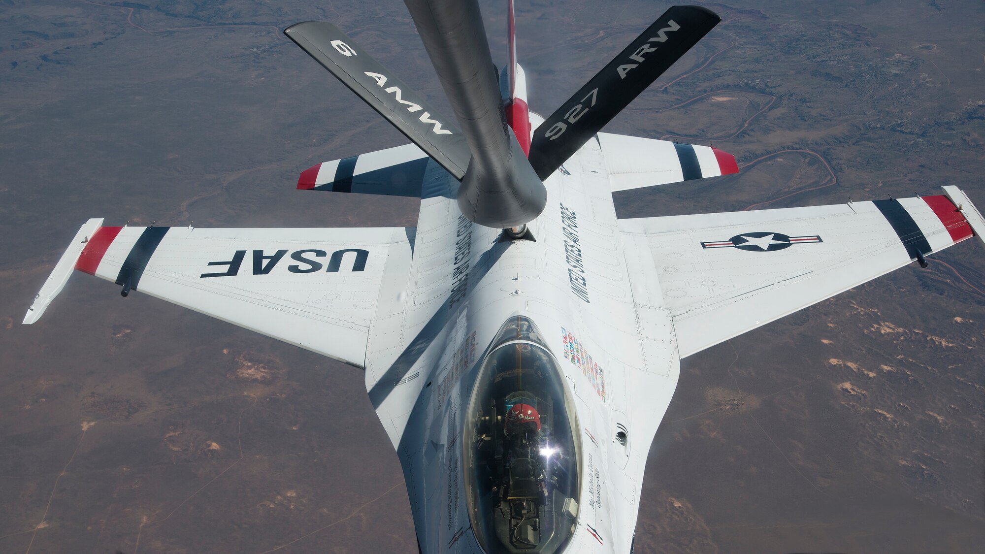 A United States Air Force Air Demonstration Squadron “Thunderbird” receives fuel from a KC-135 Stratotanker assigned to the 50th Air Refueling Squadron at MacDill Air Force Base, Fla., Oct. 14, 2019. The Thunderbirds are a flying aerobatic team that performs at air shows around the world.