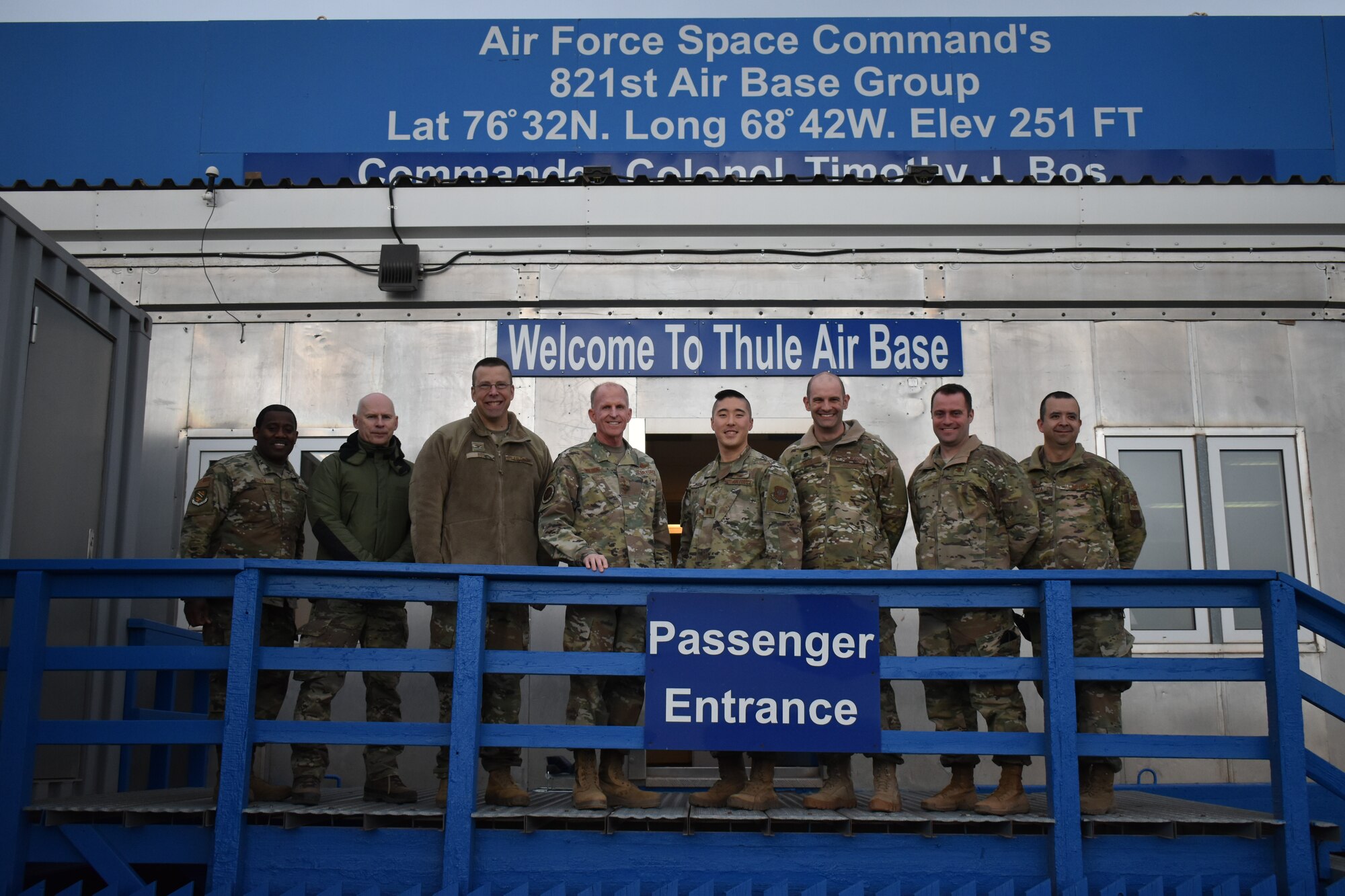 General Stephen W. Wilson, center, vice chief of staff of the Air Force, poses for a photo with American and Danish base leadership Oct. 1, 2019 at Thule Air Base, Greenland. During his visit Wilson learned about how Airmen at Thule AB operate in a harsh arctic environment while supporting three diverse mission sets: tactical warning of potential ballistic missile attacks, providing space situational awareness by tracking manmade objects in orbit, and satellite command and control. (U.S. Air Force courtesy photo)