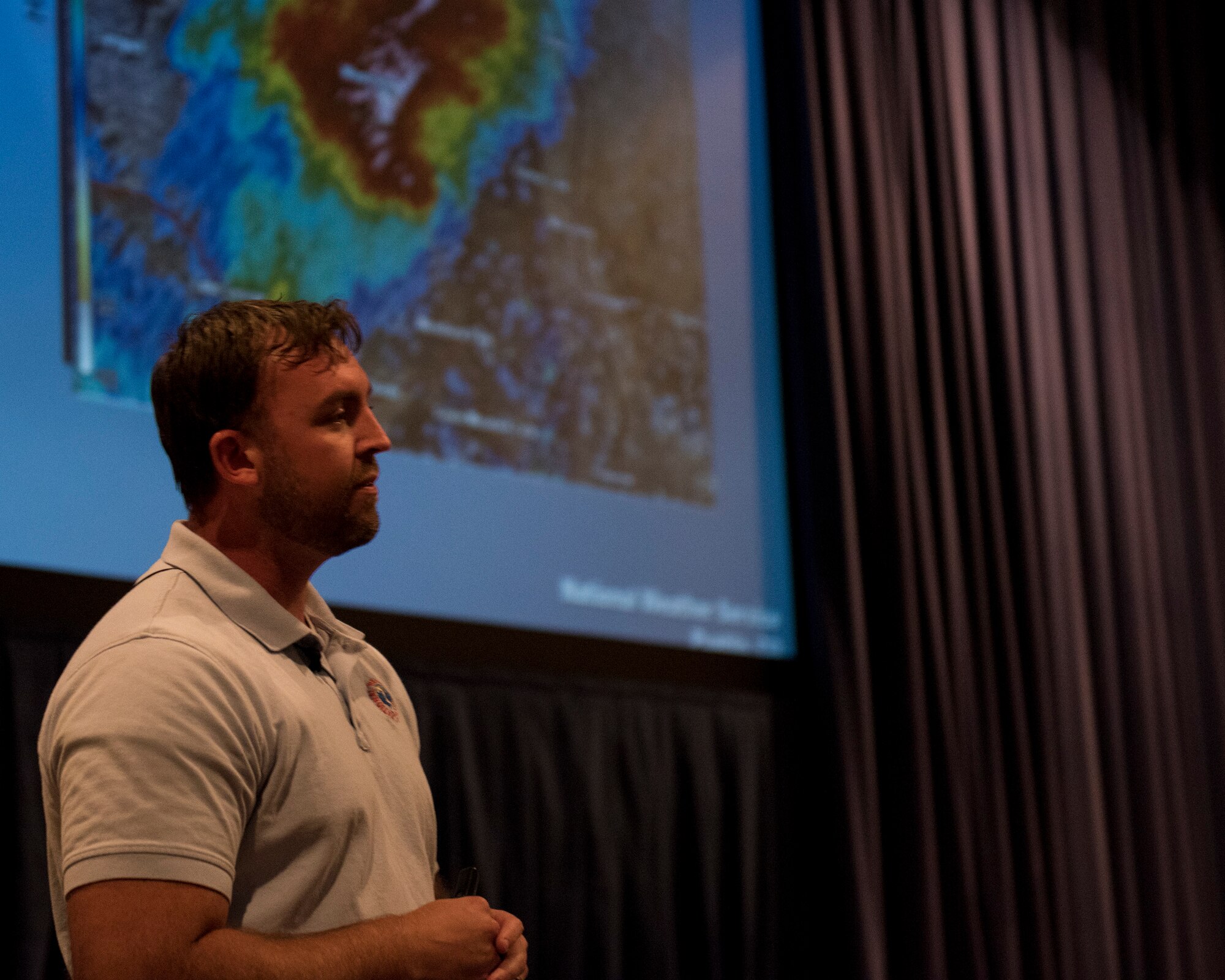 Greg Heavener, National Weather service warning coordination meteorologist, teaches the SKYWARN course to service members, civilians, contractors and dependents Oct. 3, 2019 on Peterson Air Force Base, Colorado. The SKYWARN course trains volunteers how to accurately report and measure weather phenomena to the NWS to confirm storms and increase weather warning time. (U.S, Air Force photo by Airman Alexis Christian)