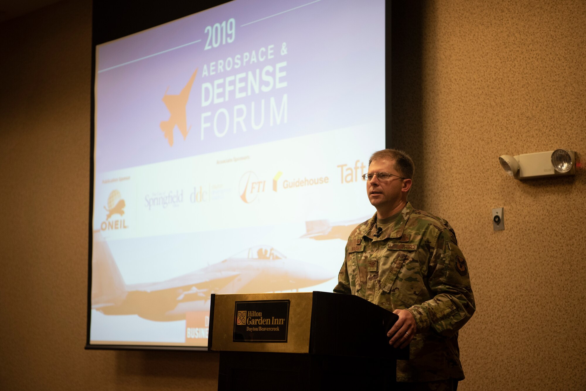 U.S. Air Force Col. Parker Wright, National Air and Space Intelligence Center commander, speaks during the 2019 Aerospace & Defense Forum in Beavercreek, Ohio, Oct. 10, 2019. Wright discussed current and future plans for the National Air and Space Intelligence Center.  (U.S. Air Force photo by Staff Sgt. Christopher Tam/Released)