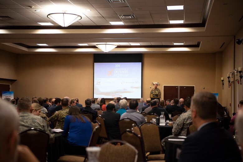U.S. Air Force Col. Parker Wright, National Air and Space Intelligence Center commander, speaks during the 2019 Aerospace & Defense Forum in Beavercreek, Ohio, Oct. 10, 2019. Wright discussed current and future plans for the National Air and Space Intelligence Center.  (U.S. Air Force photo by Staff Sgt. Christopher Tam/Released)