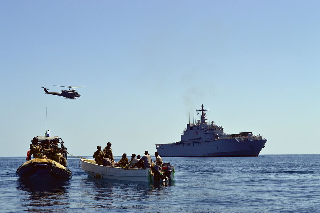 In November 2012, EU Naval Force flagship ITS SanGiusto captures suspected pirates as part of Operation Atalanta—also known as European Union Naval Force Somalia (EU-NAVFOR-ATALANTA)—part of a larger global action by the EU to prevent and combat acts of piracy off the coast of Somalia. (EU-NAVFOR-ATALANTA)