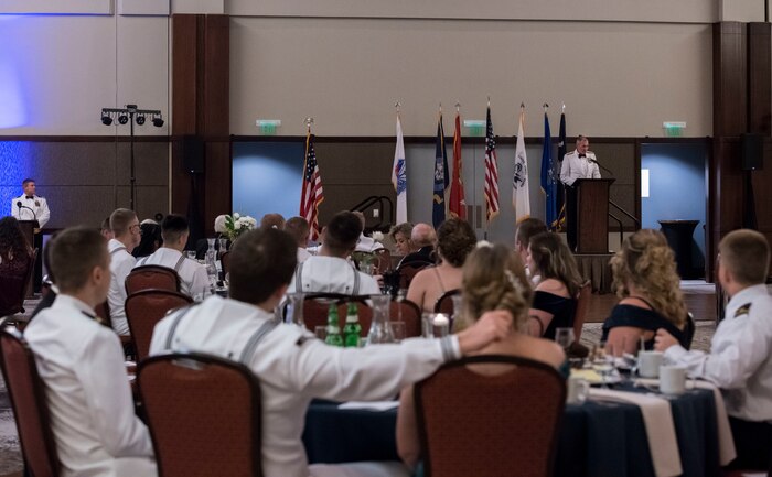Rear Adm. Michael D. Bernacchi, Submarine Group TEN commander, speaks to members of Team Charleston during the Joint Base Charleston Navy Ball Oct. 13, 2019 at the Charleston Area Convention Center, S.C. Service members attended the ball to celebrate the Navy’s 244th birthday.