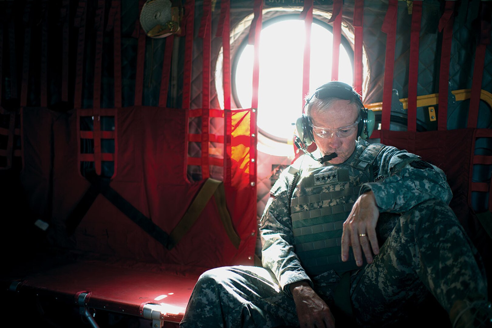 Army Gen. Martin E. Dempsey, chairman of the Joint Chiefs of Staff, aboard a CH-47 traveling from Bagram to Kabul, Afghanistan, for meeting with ISAF, CENTCOM, State Dept. and Afghanistan military leadership Aug. 20, 2012. DOD photo by D. Myles Cullen
