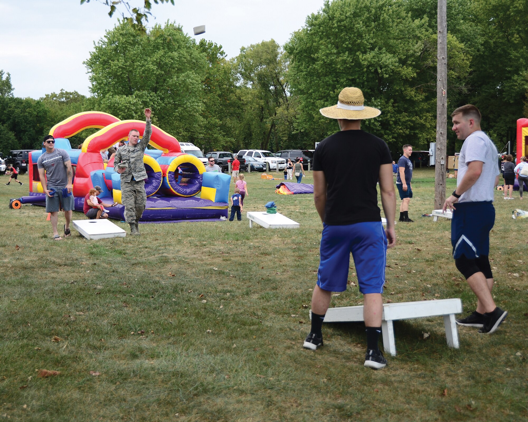 Citizen Airmen from the 445th Airlift Wing, families and friends enjoy a day of food and fun at the wing’s annual family day picnic, Sept. 8. 2019 at Bass Lake. Participants enjoyed the day fishing, playing volley ball, corn hole and various activities. A C-17 Globemaster III static display was also available for tours. A DJ was also on hand for entertainment. And various helping agencies provided useful information to Airmen and their families. Food for the event was provided by the Wright-Patterson Air Force Base United Service Organizations (USO).