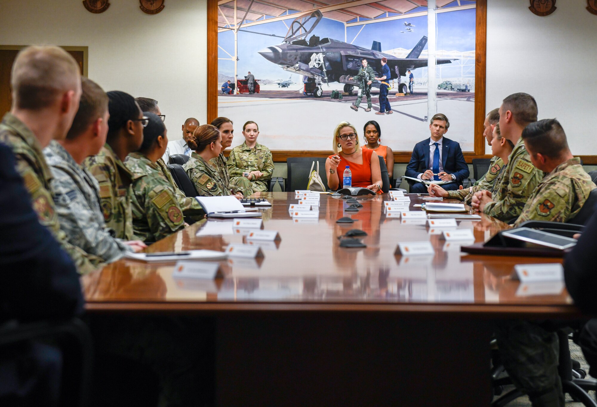 U.S. Sen. Kyrsten Sinema of Arizona discusses key topics with 56th Fighter Wing Airmen during a roundtable Oct. 9, 2019, at Luke Air Force Base, Ariz.