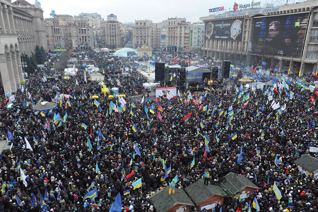 Euromaidan panoramic view taken from the top of the Revolution Christmas tree. December 8, 2013.