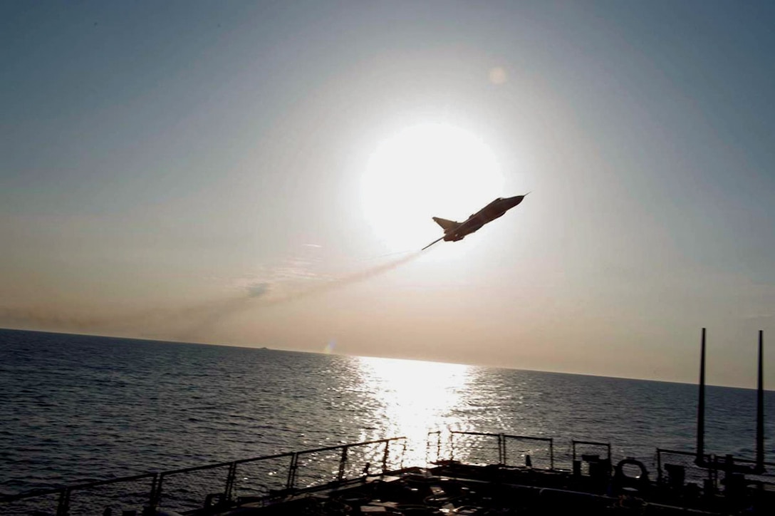 BALTIC SEA (April 12, 2016) A Russian Sukhoi Su-24 attack aircraft makes a low altitude pass by USS Donald Cook (DDG 75) April 12, 2016. Donald Cook, an Arleigh Burke-class guided-missile destroyer forward deployed to Rota, Spain, is conducting a routine patrol in the U.S. 6th Fleet area of operations in support of U.S. national security interests in Europe. (U.S. Navy photo/Released) 160412-N-ZZ999-007
Join the conversation: