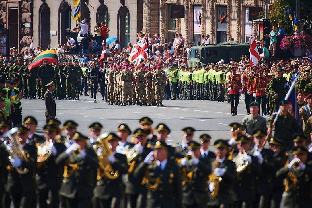 Service members from many nations were represented in the Ukrainian Independence Day parade in Kyiv, Aug. 24.