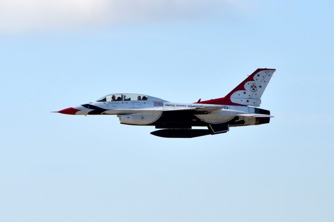 A U.S. Air Force Thunderbirds F-16 Fighting Falcon flies over Dobbins Air Reserve Base, Ga. on Oct. 11, 2019. Flying in the backseat was Tracey Pendley, an Atlanta Public Schools fourth grade teacher, who flew with the Thunderbirds under the Hometown Hero program. (U.S. Air Force photo/Airman Kendra A. Ransum)