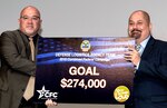 DLA Vice Director Mike Scott (right) and DLA Combined Federal Campaign Manager Watt Lough (right) pose with a sign announcing DLA’s $274,000 goal for 2019. Photo by Teodora Mocanu
