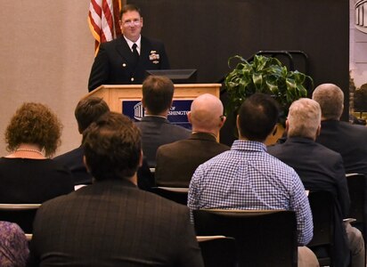 IMAGE: Cmdr. Joseph Oravec, Naval Surface Warfare Center Dahlgren Division (NSWCDD) Dam Neck Activity commanding officer, congratulations academic awardees and their families, friends, and colleagues in remarks to formally close the 2019 NSWCDD academic recognition ceremony held at the University of Mary Washington Dahlgren campus. “Some things are worth repeating,” said Oravec as he echoed NSWCDD Commanding Officer Capt. Casey Plew’s welcoming remarks – commending and thanking the awardees as well as their families, friends, and colleagues who supported NSWCDD employees in their pursuit and achievement of the milestones for which they have been recognized.