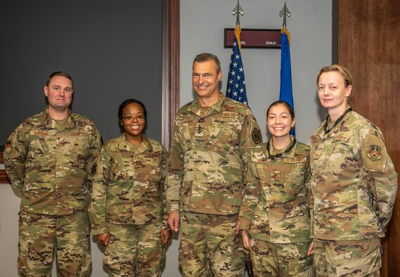 U.S. Air Force Lt. Gen. Joseph Guastella, U.S. Air Force’s Central Command commander, recognizes the team of Airmen that responded to an Airman’s call for help at Shaw Air Force Base, South Carolina, Oct. 3, 2019.