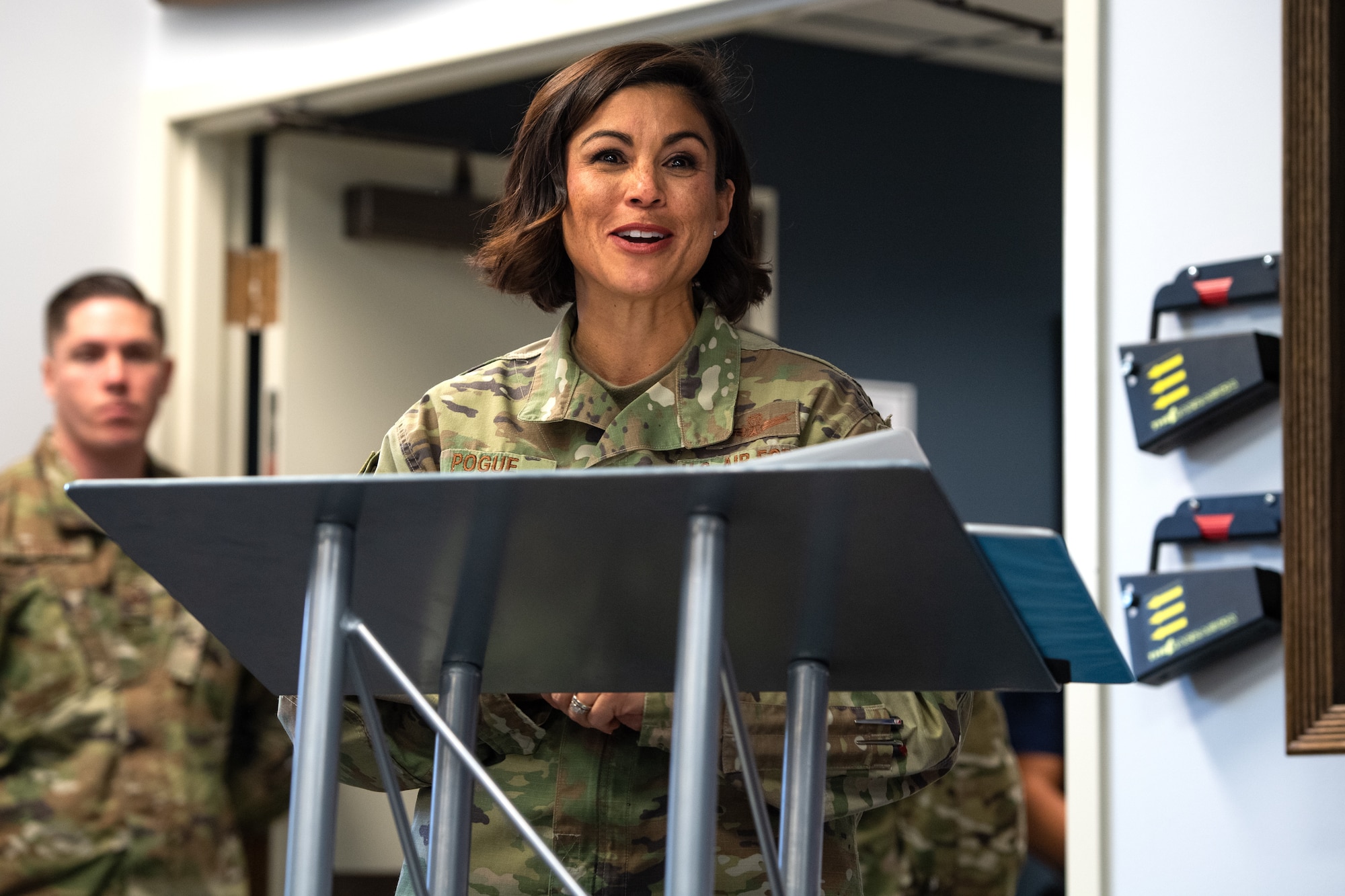 Senior Master Sgt. Karmann Pogue, 4th Space Operations Squadron superintendent, speaks to Airmen during the Airman Leadership School class 19-7 graduation at Peterson Air Force Base, Colorado, Oct. 10, 2019. Pogue discussed the characteristics of true leadership, and what it means for the future of the graduating class. According to Air University, the completion of ALS is required to assume the rank of staff sergeant. (U.S. Air Force photo by Katie Calvert)