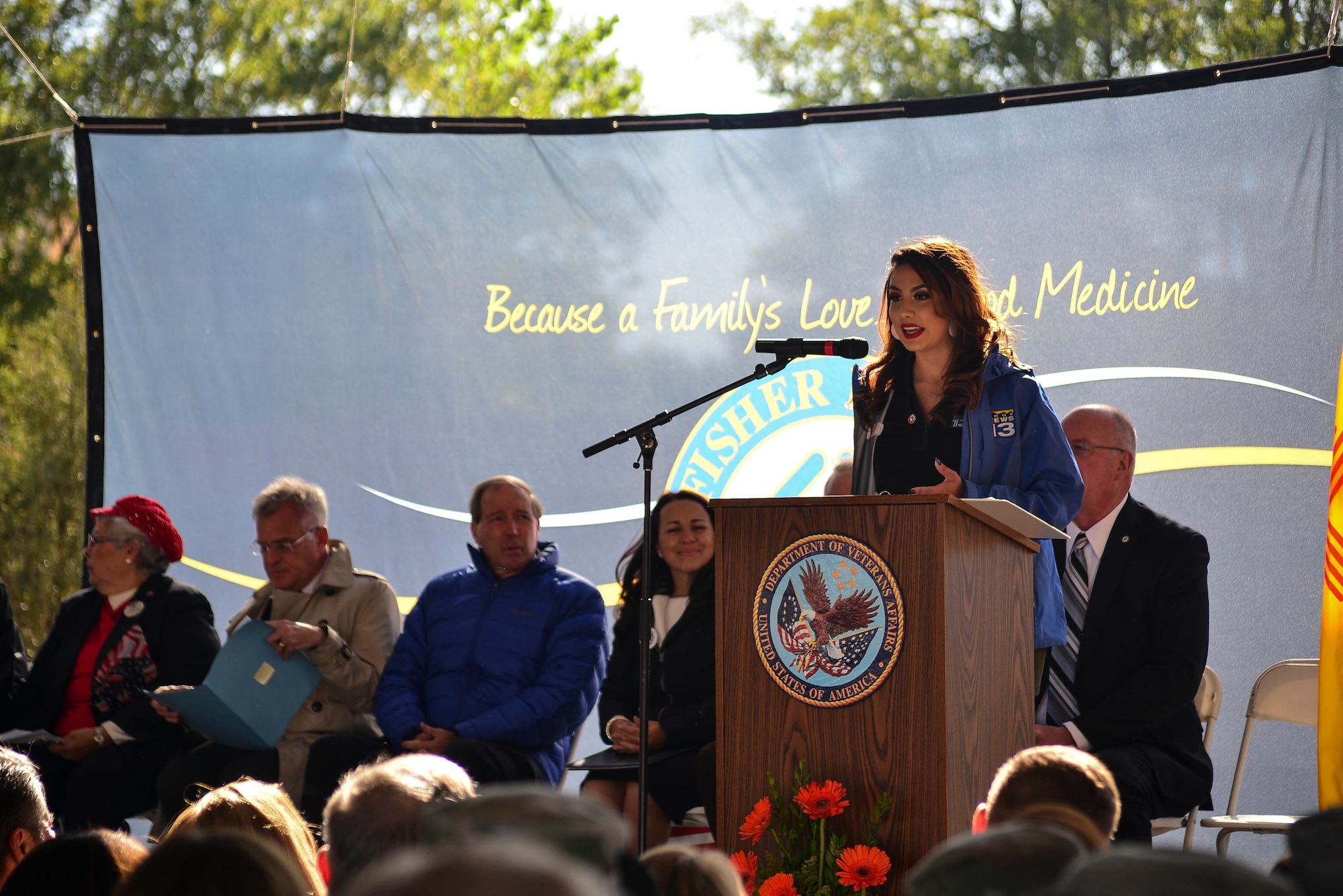 Stephanie Chaves, KRQE Channel 13 News anchor/reporter, speaks during the ribbon cutting ceremony at the 85th Fisher House in Albuquerque, N.M., Oct. 11, 2019. The Fisher House hopes to provide comfort homes for families supporting a hospitalized active duty service member or veteran. (U.S. Air Force photo by Staff Sgt. Kimberly Nagle)