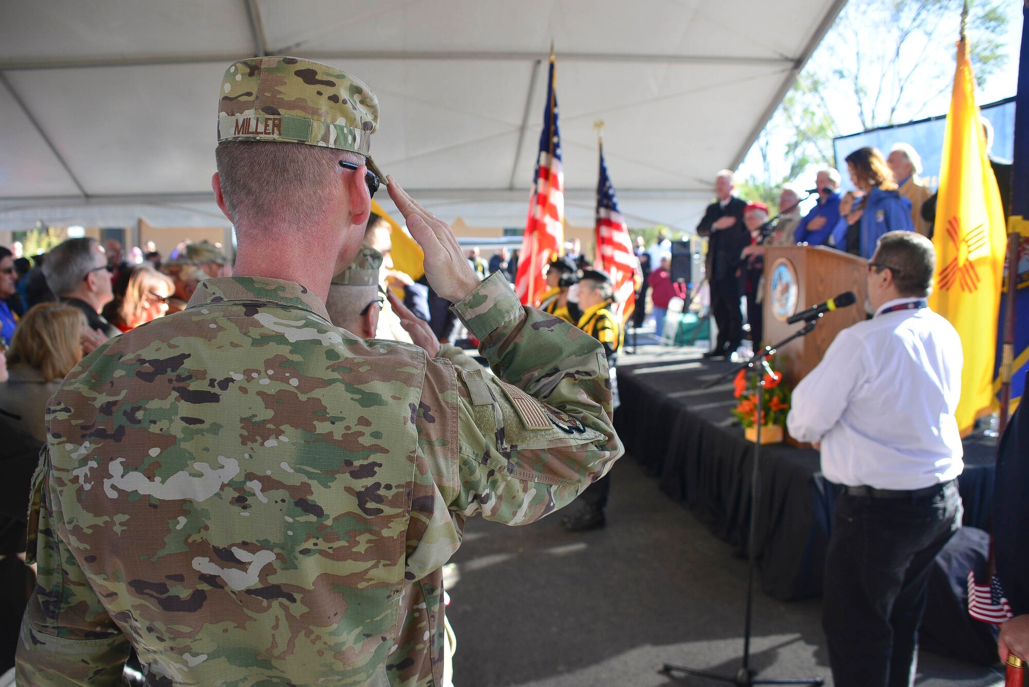 U.S. Air Force Col. David S. Miller 377th Air Base Wing commander, salutes during the ribbon cutting ceremony at the 85th Fisher House in Albuquerque, N.M., Oct. 11, 2019. This new ‘home away from home,’ will be able to assist those active duty service members, veterans and their families. (U.S. Air Force photo by Staff Sgt. Kimberly Nagle)
