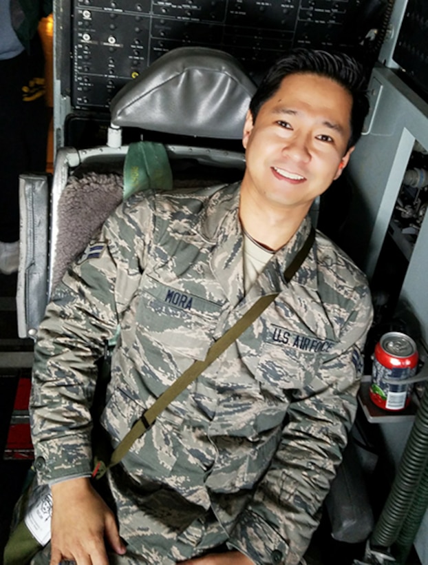 U.S. Air Force Senior Airman Earol Mora, a maintenance administration specialist assigned to the 128th Air Refueling Wing, Wisconsin Air National Guard, goes on a KC-135R Stratotaker flight. (Courtesy Photo Submission)