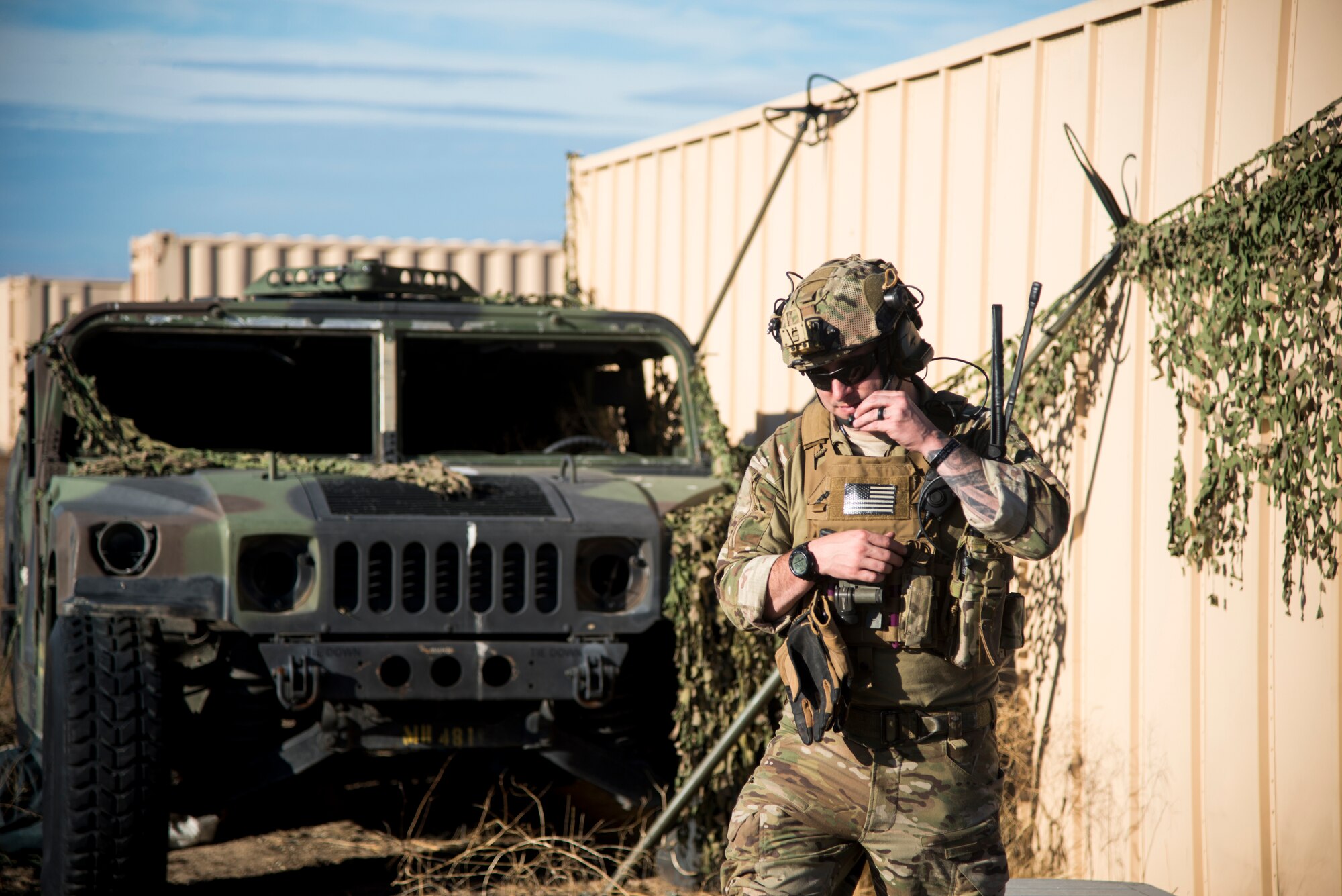 Tech Sgt. Timothy Emkey, 366th Fighter Wing survival, evasion, resistance and escape specialist, checks radio communications Sept. 26, 2019, at Saylor Creek Bombing Range, Idaho.