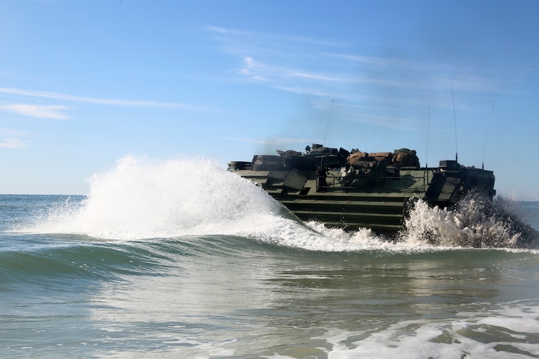 U.S. Marines with Assault Amphibious Vehicle Platoon, Battalion Landing Team, 2nd Battalion, 8th Marine Regiment, 26th Marine Expeditionary Unit, splash into the Atlantic Ocean off the coast of Camp Lejeune, N.C., Oct. 12, 2019. The 26th MEU is underway conducting a composite training unit exercise with the Bataan Amphibious Ready Group. (U.S. Marine Corps photo by Staff Sgt. Patricia A. Morris)