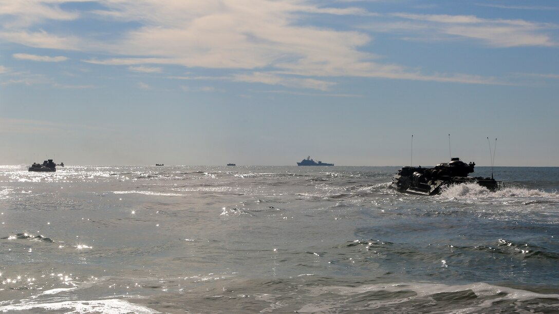 U.S. Marines with Assault Amphibious Vehicle Platoon, Battalion Landing Team, 2nd Battalion, 8th Marine Regiment, 26th Marine Expeditionary Unit, begin training off the coast of Camp Lejeune, N.C., Oct. 12, 2019. The 26th MEU is underway conducting a composite training unit exercise with the Bataan Amphibious Ready Group.  (U.S. Marine Corps photo by Staff Sgt. Patricia A. Morris)