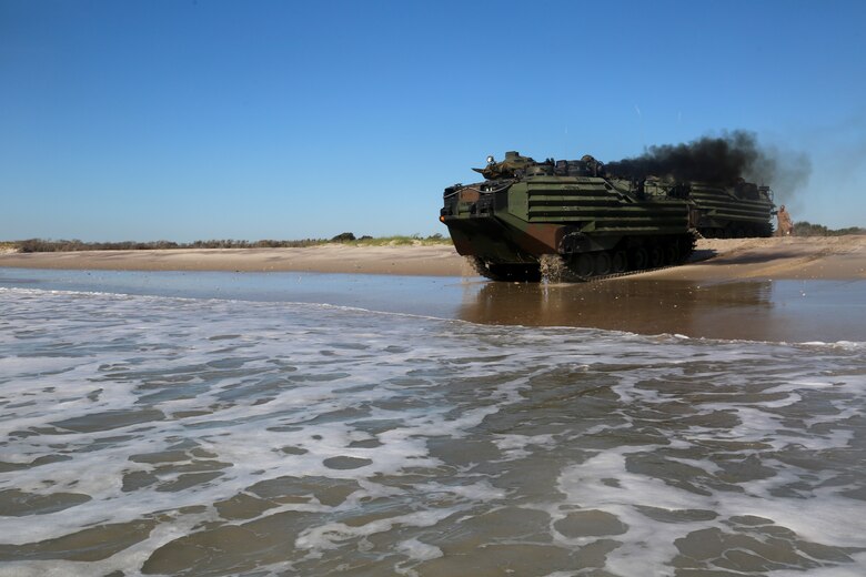 U.S. Marines with Assault Amphibious Vehicle Platoon, Battalion Landing Team, 2nd Battalion, 8th Marine Regiment, 26th Marine Expeditionary Unit, drive into the Atlantic Ocean off the coast of Camp Lejeune, N.C., Oct. 12, 2019. The 26th MEU is underway conducting a composite training unit exercise with the Bataan Amphibious Ready Group.  (U.S. Marine Corps photo by Staff Sgt. Patricia A. Morris)