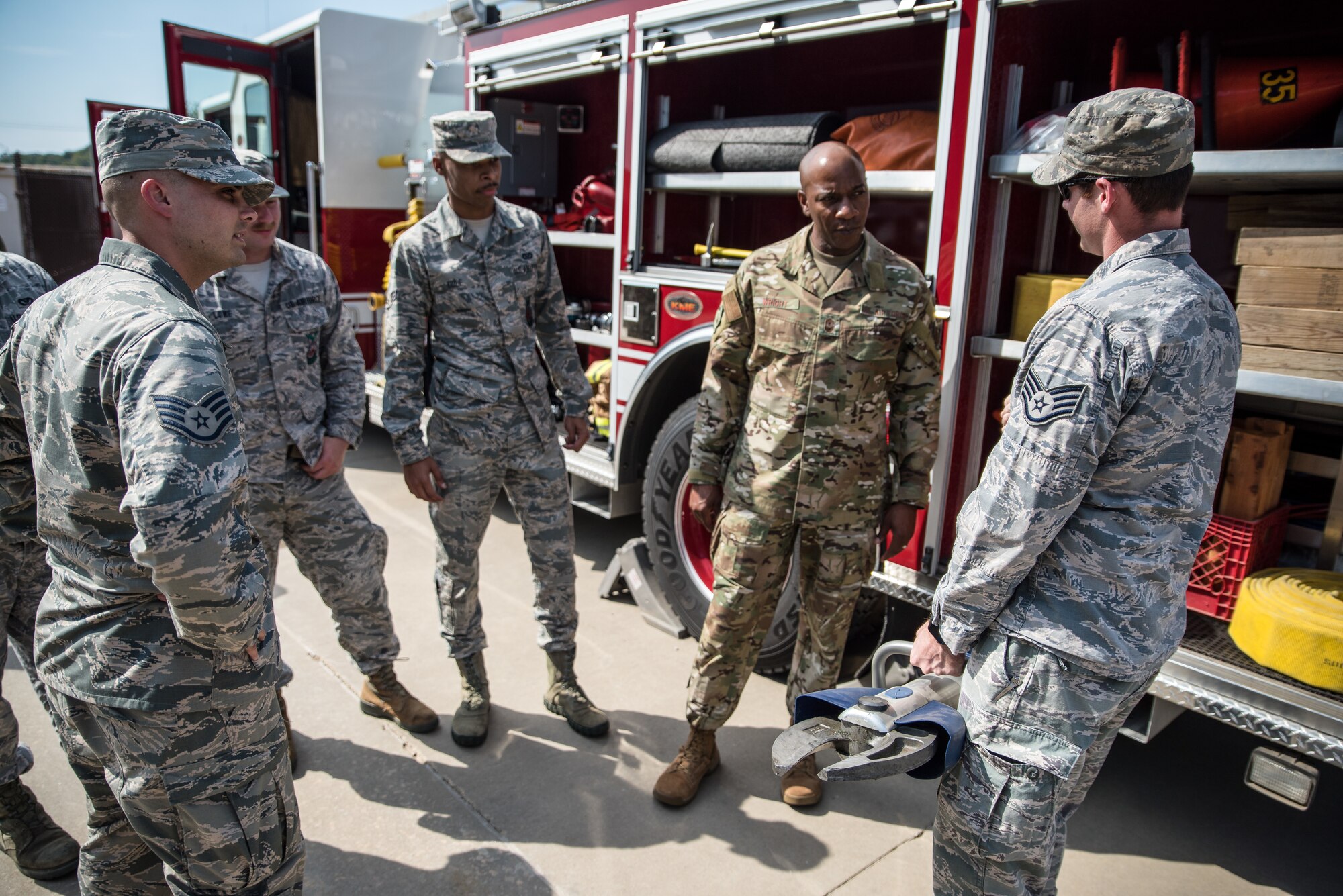 Chief Master Sergeant of the Air Force Kaleth O. Wright meets with 188th Wing firefighters at Ebbing Air National Guard Base, Fort Smith, Ark., Oct. 5, 2019. Wright spoke with the Airmen about issues they face in their career fields, and possible solutions. (U.S. Air National Guard photo by Staff Sgt. Matthew Matlock)