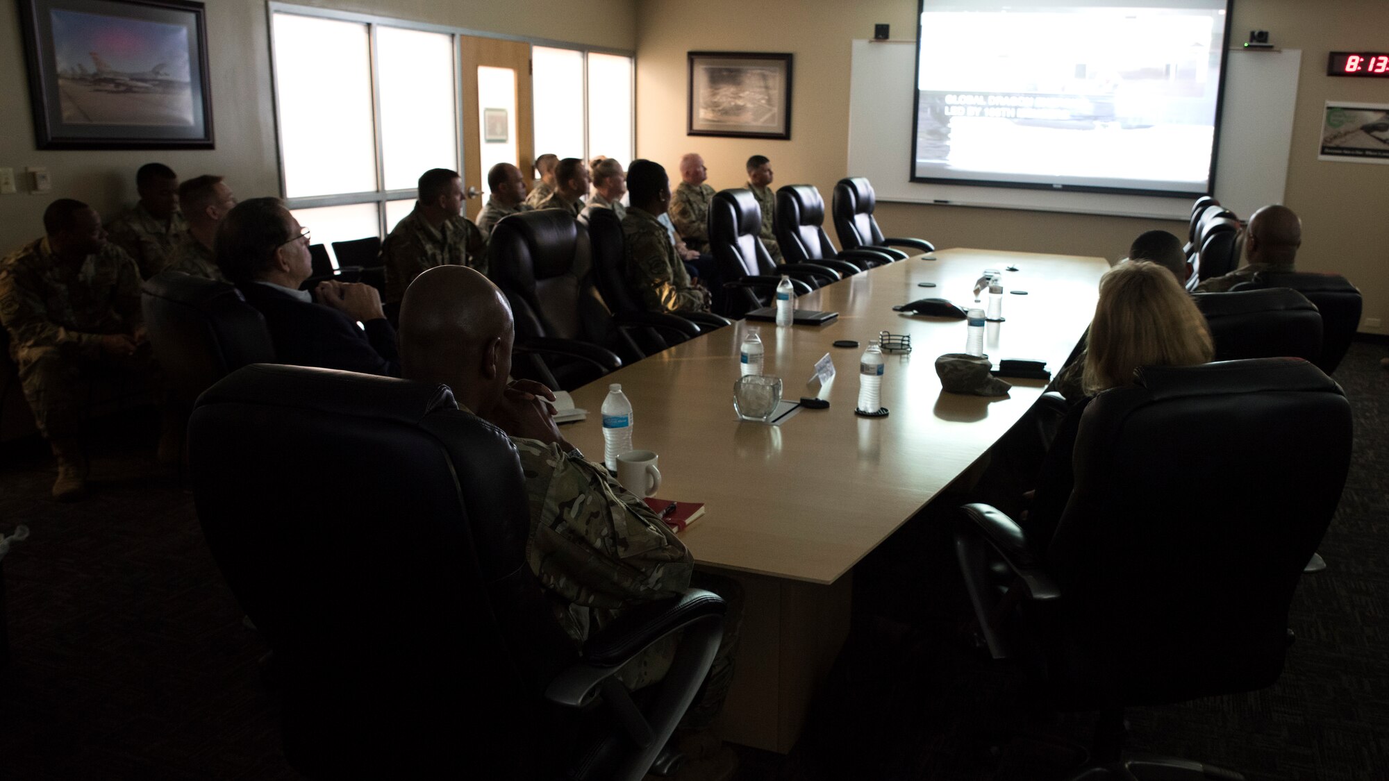 Chief Master Sergeant of the Air Force Kaleth O. Wright meets with the Chiefs of the 188th Wing at Fort Smith, Ark., Oct. 5, 2019. During the briefing each chief discussed their organization's capabilities and highlighted their Airmen's accomplishments. (U.S. Air National Guard photo by Tech. Sgt. Daniel J. Condit)
