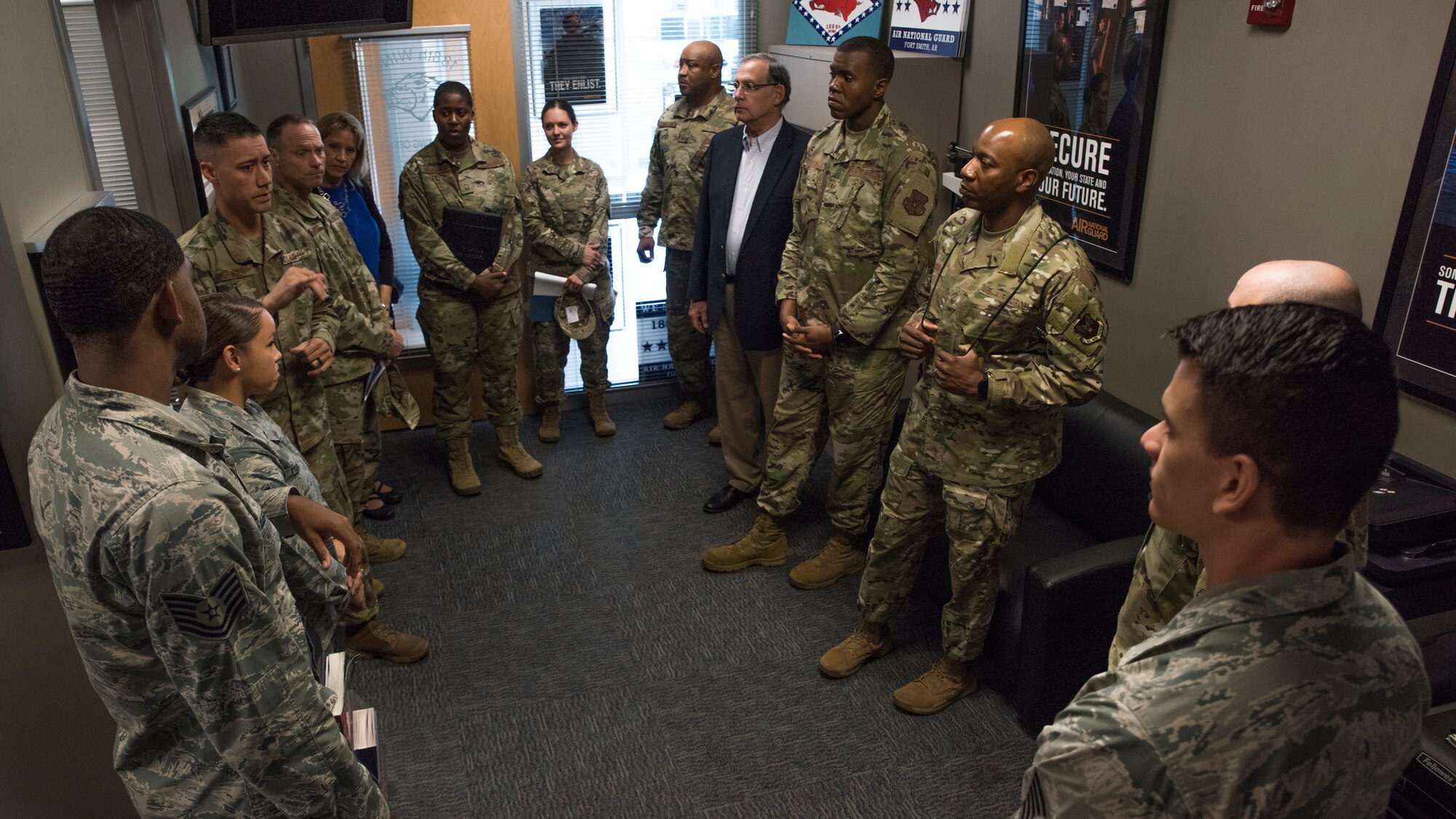 Chief Master Sergeant of the Air Force Kaleth O. Wright meets 188th Wing recruiters at Fort Smith, Ark., Oct. 5, 2019. During the visit Wright discussed his vision for Air Force recruitment and some ideas on how to better identify the Air Force and recruiter needs. (U.S. Air National Guard photo by Tech. Sgt. Daniel J. Condit)