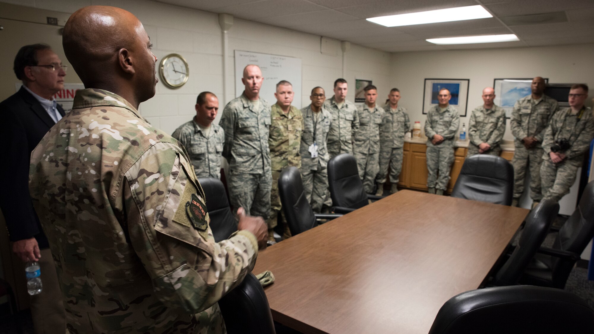 U.S. Sen John Boozman, Ark., and Chief Master Sergeant of the Air Force Kaleth O. Wright meet with members of the 188th Communications Squadron at Fort Smith, Ark., Oct. 5, 2019. Boozman and Wright talk about the future of the Arkansas Air National Guard and answered questions from wing members. (U.S. Air National Guard photo by Tech. Sgt. Daniel J. Condit)