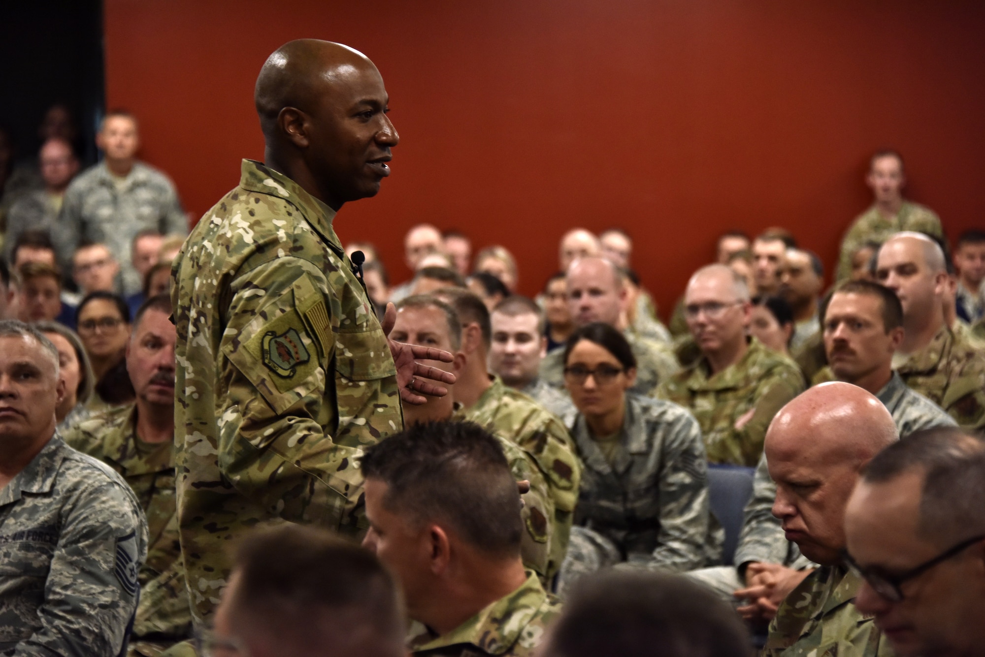 Chief Master Sergeant of the Air Force Kaleth O. Wright speaks with members of the 188th Wing during an all-call at Fort Smith, Ark., Oct. 6, 2019. Wright talked about important issues he would like to address during his last year and fielded questions by members of the wing. (U.S. Air National Guard photo by Tech. Sgt. Daniel J. Condit)