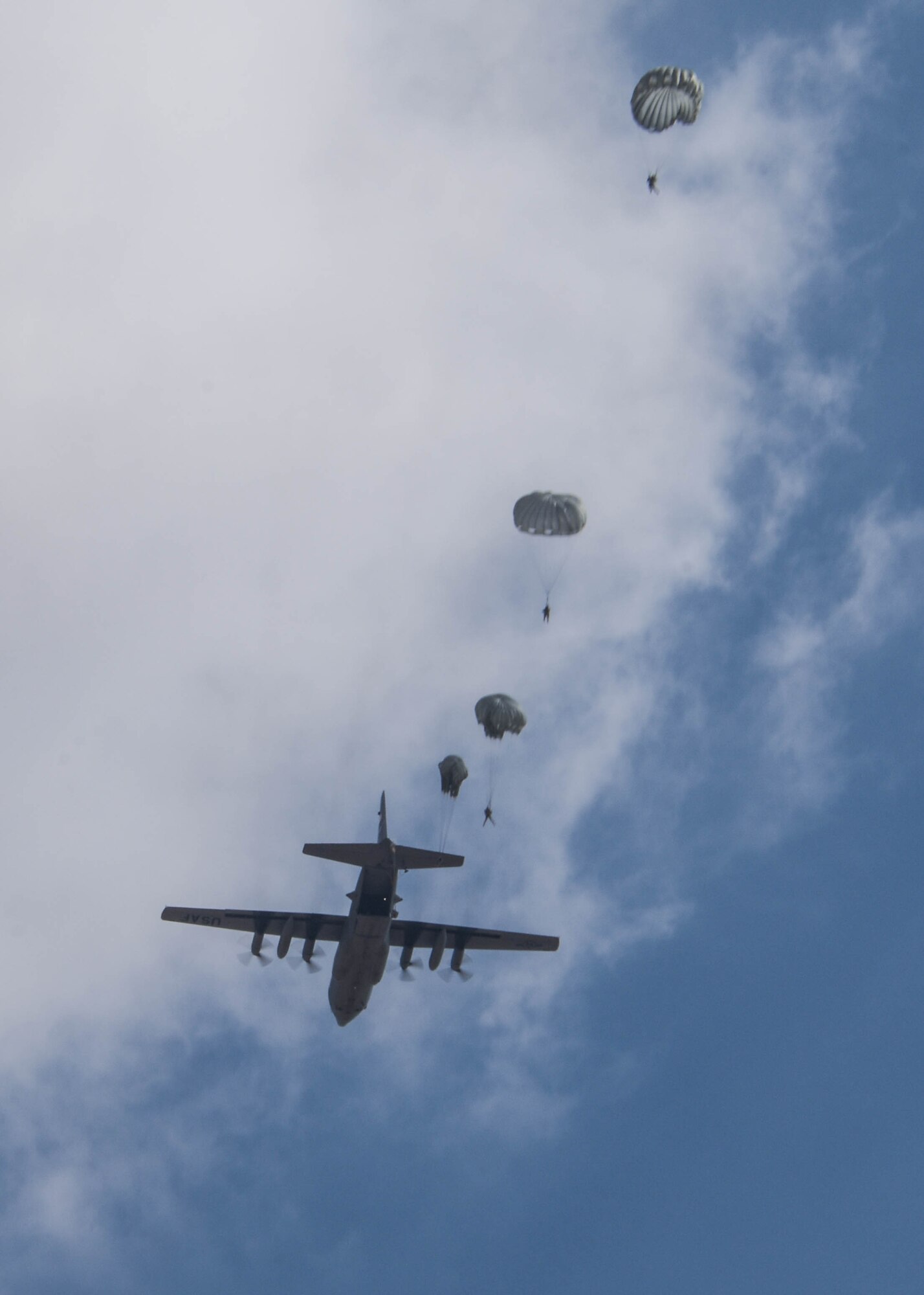 Participants in the Friendship Jump parachute from a C-130H3 from Dobbins Air Reserve Base, Georgia, over Jordan during Exercise Eager Lion on Sept. 5, 2019.