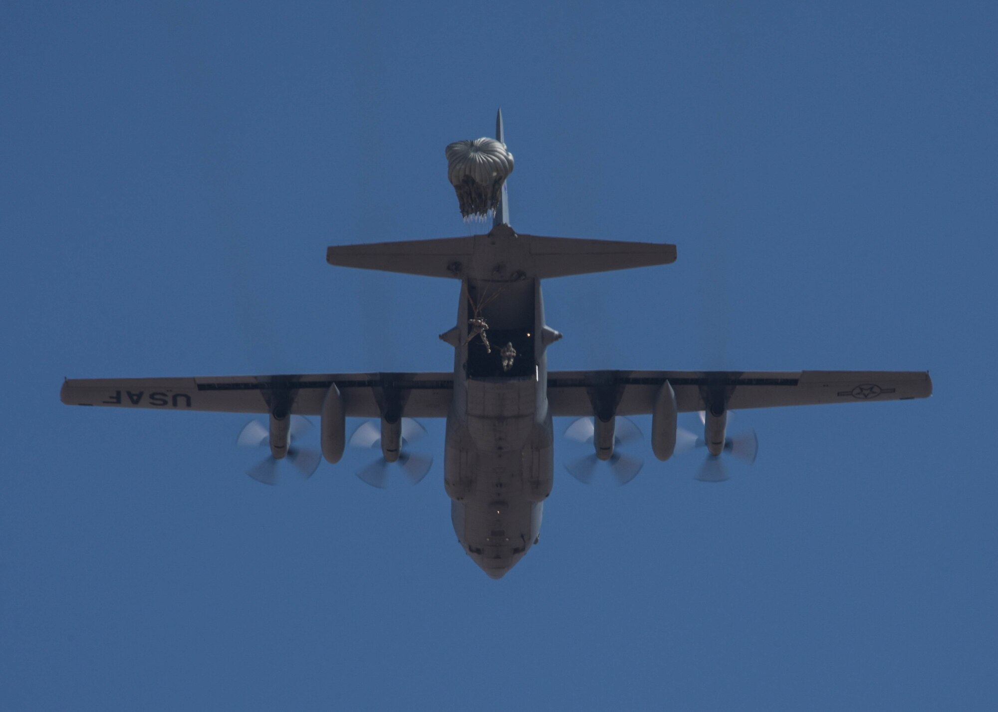 Participants in the Friendship Jump parachute from a C-130H3 from Dobbins Air Reserve Base, Georgia, over Jordan during Exercise Eager Lion on Sept. 5, 2019.