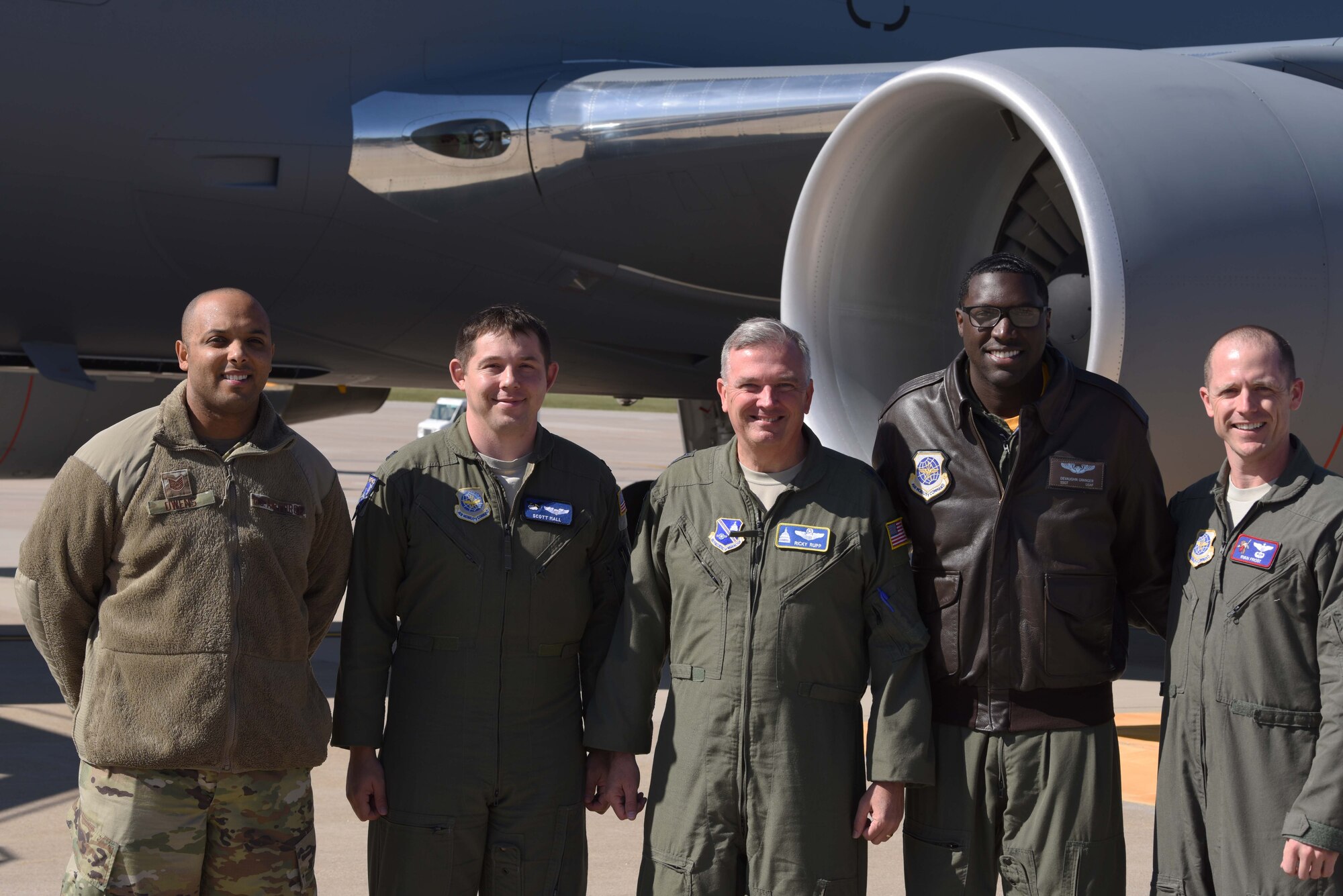 The crew of the MDUSA 13 poses for a photo after delivering the 13th KC-46 Pegasus Oct. 11, 2019, at McConnell Air Force Base, Kan. The installation continues to assist with the integration of the next generation air mobility platform. (U.S. Air Force photo by Airman 1st Class Marc A. Garcia)