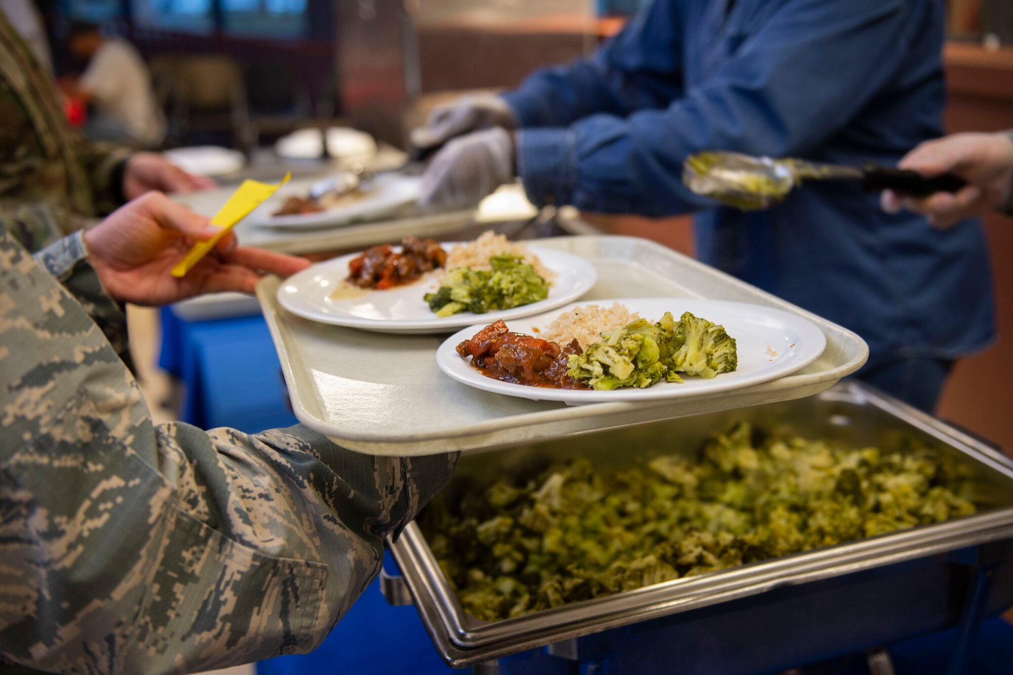 Participants wait in line for food during a Deployed Spouses Dinner Oct. 15, 2019, at Moody Air Force Base, Ga. The monthly event is a free dinner at Georgia Pines Dining Facility designed as a ‘thank you’ for each family’s support and sacrifice. The dinner, occurring on every third Tuesday of the month, provides an opportunity for spouses to interact with other families of deployed Airmen, key spouses and unit leadership as well as provide a break for the spouse while their military sponsor is deployed. The next Deployed Spouses Dinner will be Nov. 19. (U.S. Air Force photo by Airman Azaria E. Foster)