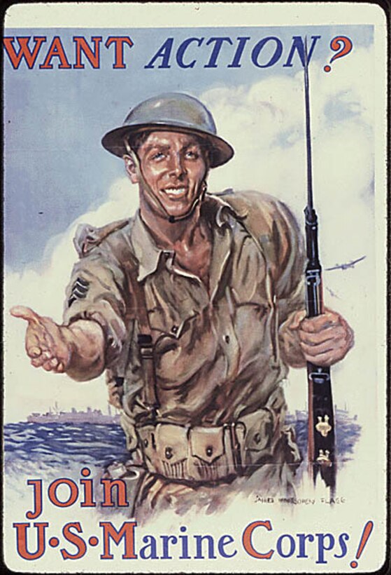 Poster with words “Want action? Join U.S. Marine Corps!”