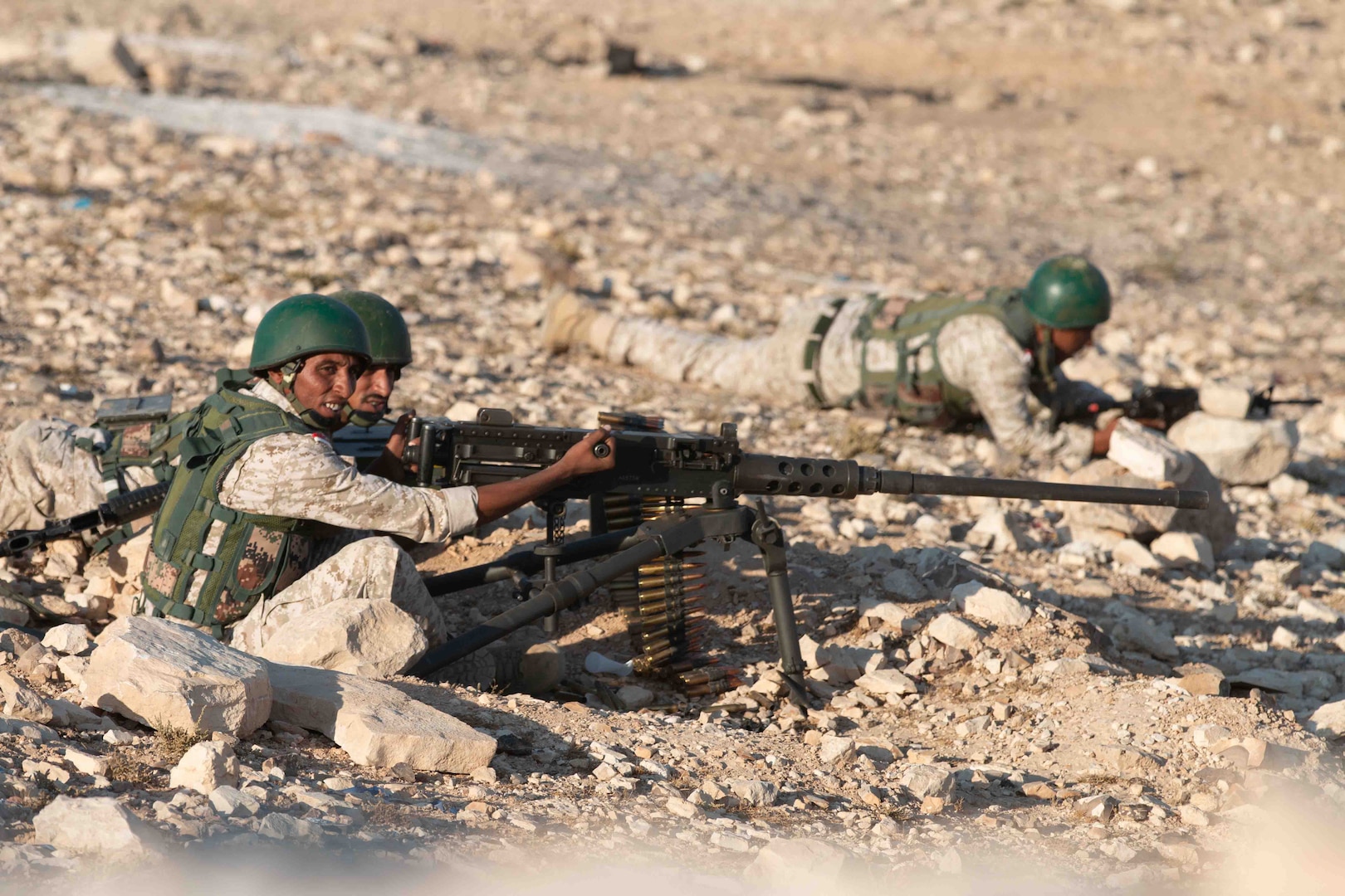Jordan Border Guard Force Soldiers, with the 7th Mechanized Battalion, 48th Mechanized Brigade, prepare to fire live ammunition at a range during a Jordan Operational Engagement Program (JOEP) training cycle at Joint Training Center-Jordan in September 2019. The partnership between Jordan and the United States is reinforced by persistent training with the Border Guard Forces, Quick Reaction Forces and the 77th Marine Battalion.