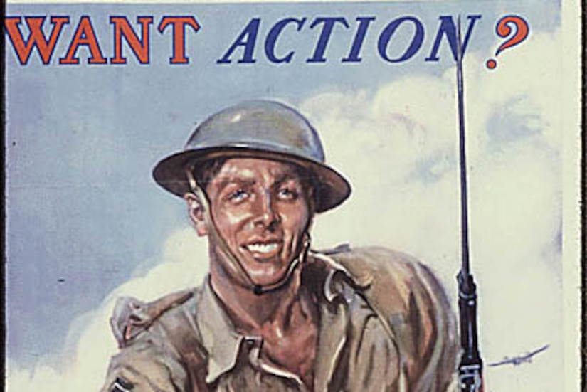 Poster with words “Want action? Join U.S. Marine Corps!”