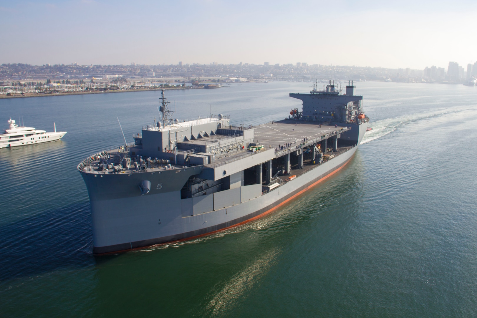 The future USNS Miguel Keith (ESB 5) departs General Dynamics National Steel and Shipbuilding Co. shipyard in San Diego, Calif. During the weeklong acceptance trials, the Navy's Board of Inspection and Survey conducted comprehensive tests to demonstrate and evaluate the performance of all of the ship's major systems.