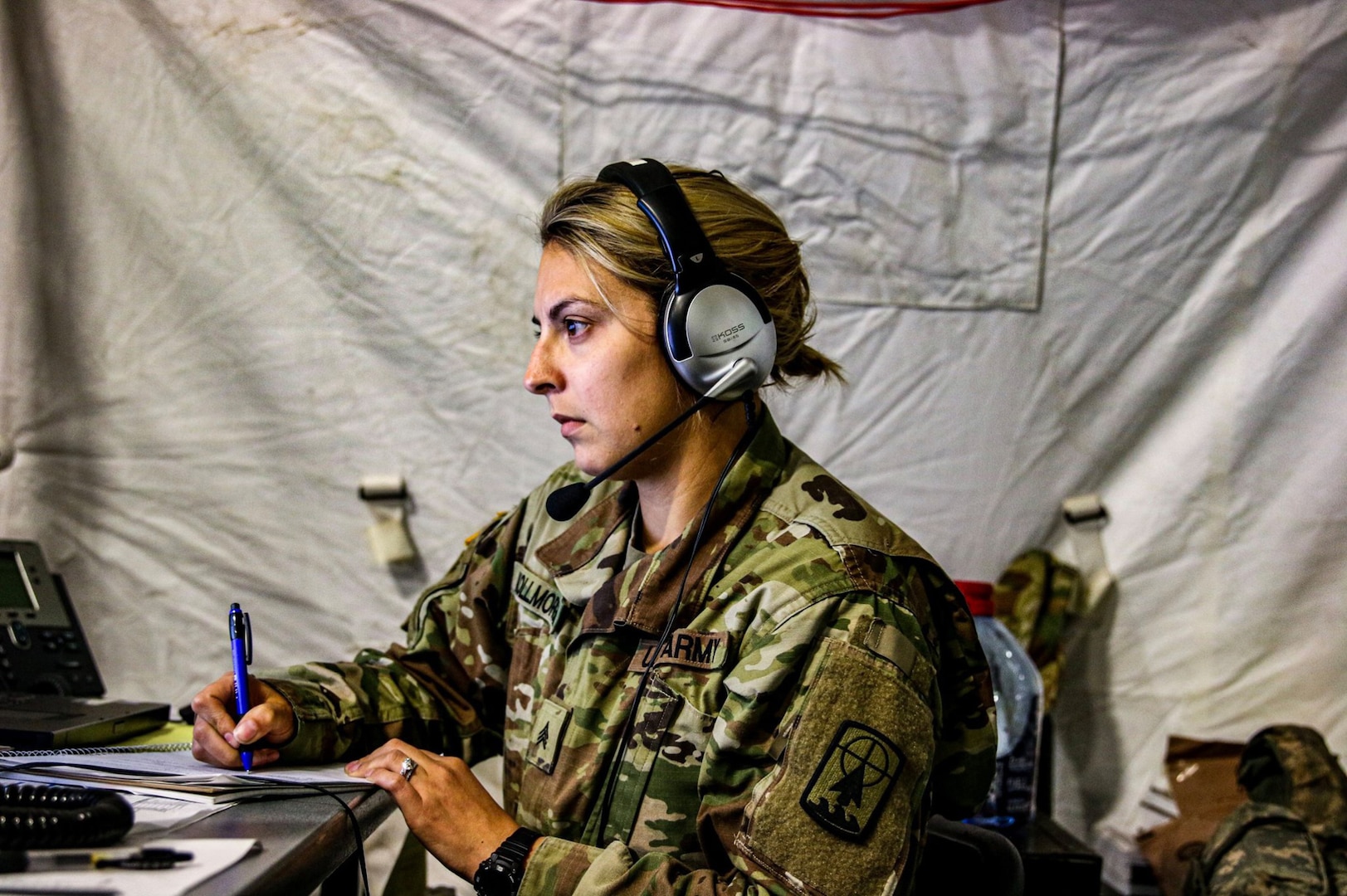 Sgt. Amanda Kollmorgan, a multiple launch rocket system crewmember with the Headquarters and Headquarters Company, 157th Maneuver Enhancement Brigade, during a Warfighter Exercise at Fort Campbell, Ky., Oct. 1-10, 2019. Kollmorgan and the rest of the 157th Maneuver Enhancement Brigade headquarters supported the two-week exercise by coordinating security, logistics, protection and artillery for the 101st Airborne Division.