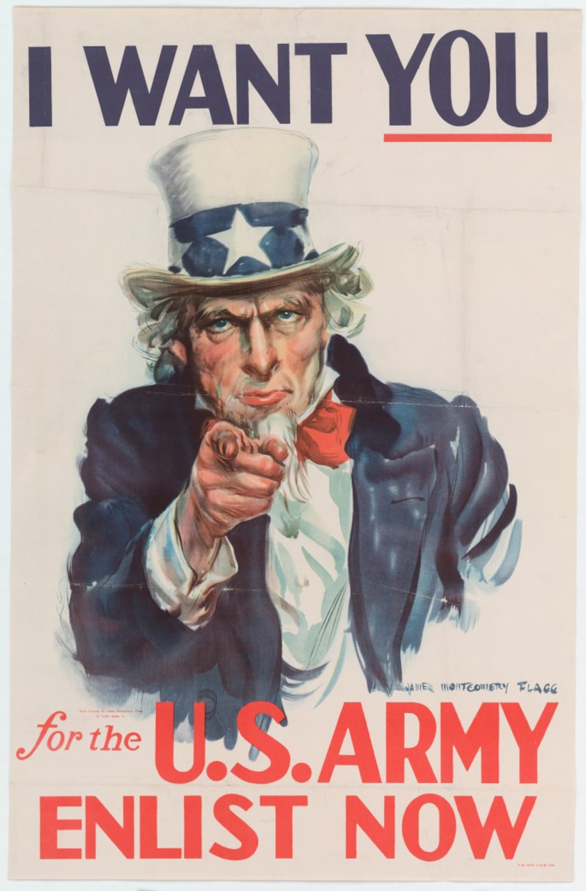 An illustration of Uncle Sam pointing appears below the words "I WANT YOU."